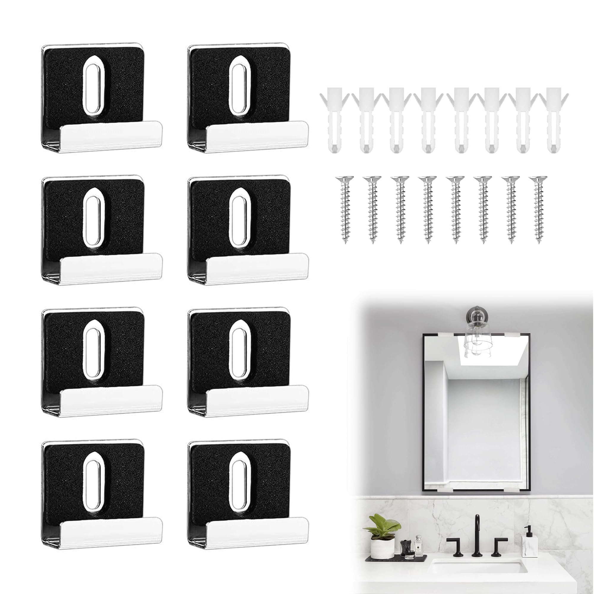8PCS 304 Stainless Steel Frameless Mirror Clips - Heavy Duty Metal Mount Holder Kit With Screws, Rubber Pads - Hanging Hardware for Fixing Cabinet Door, Billboard Display (Silver)
