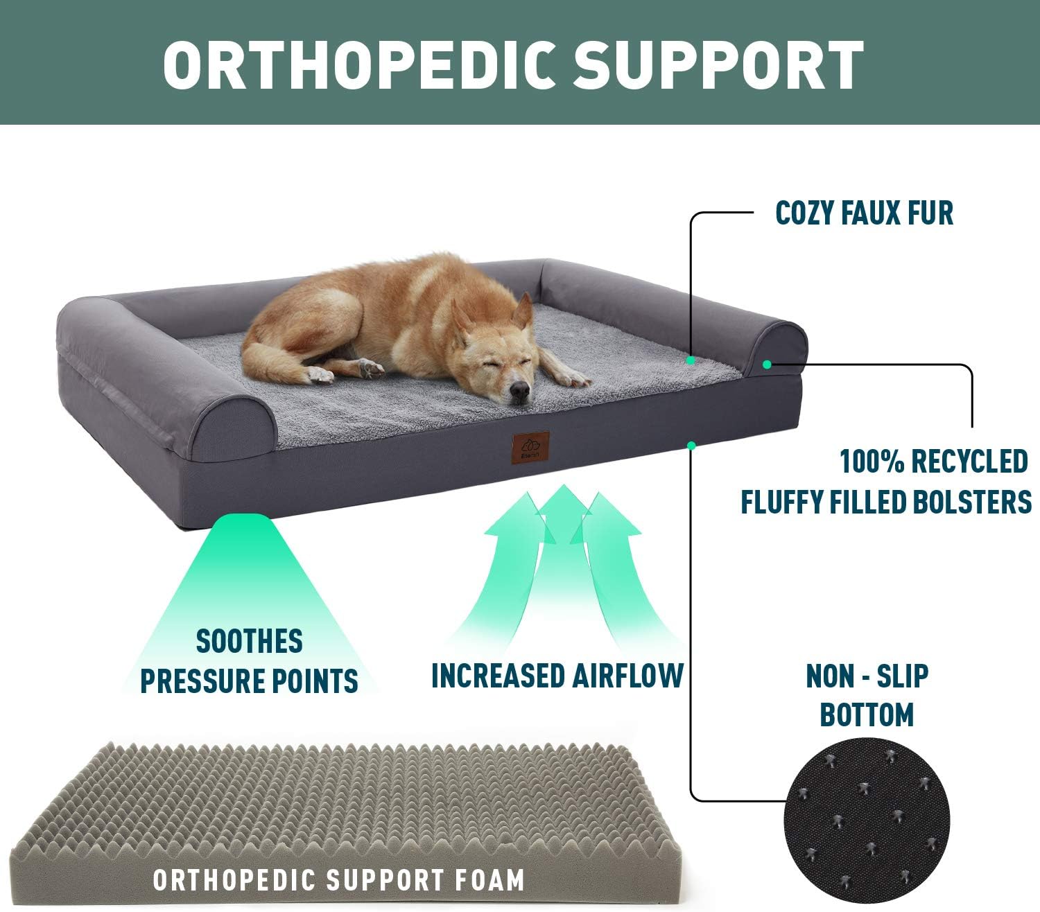 Eterish Large Orthopedic Dog Bed for Medium, Large Dogs up to 75 lbs, 3 inches Thick Egg-Crate Foam Bolster Dog Sofa Couch Bed with Removable Cover, Pet Bed Machine Washable, Grey : Kitchen & Dining