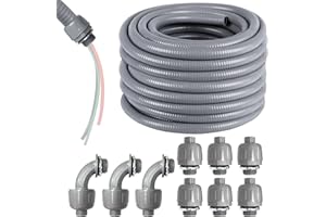 VASALAID 3/4inch 50ft Electrical Conduit Kit, Flexible Non-Metallic Liquid Tight Electrical Conduit, Flexible Conduit with 6 Straight and 3 Angle Fittings, Not Include 10-AWG 3 Colour Wire (3/4" Dia)