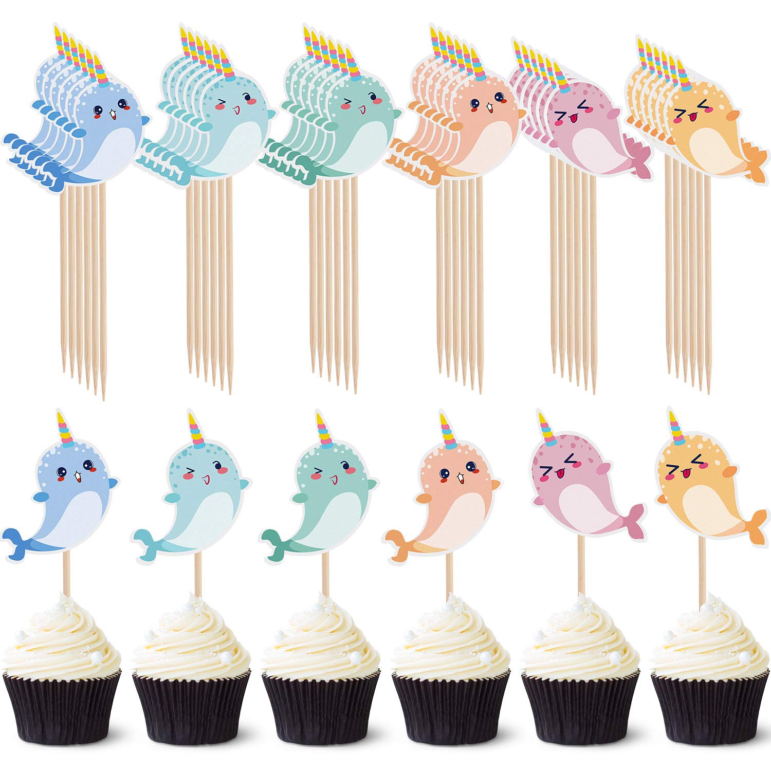 Photo 1 of 48 Pcs Narwhal Cake Toppers Narwhal Cupcake Toppers Ocean Birthday Party Decorations Supplies Under the Sea Blue Ocean Themed Party Baby Shower Birthday Supplies