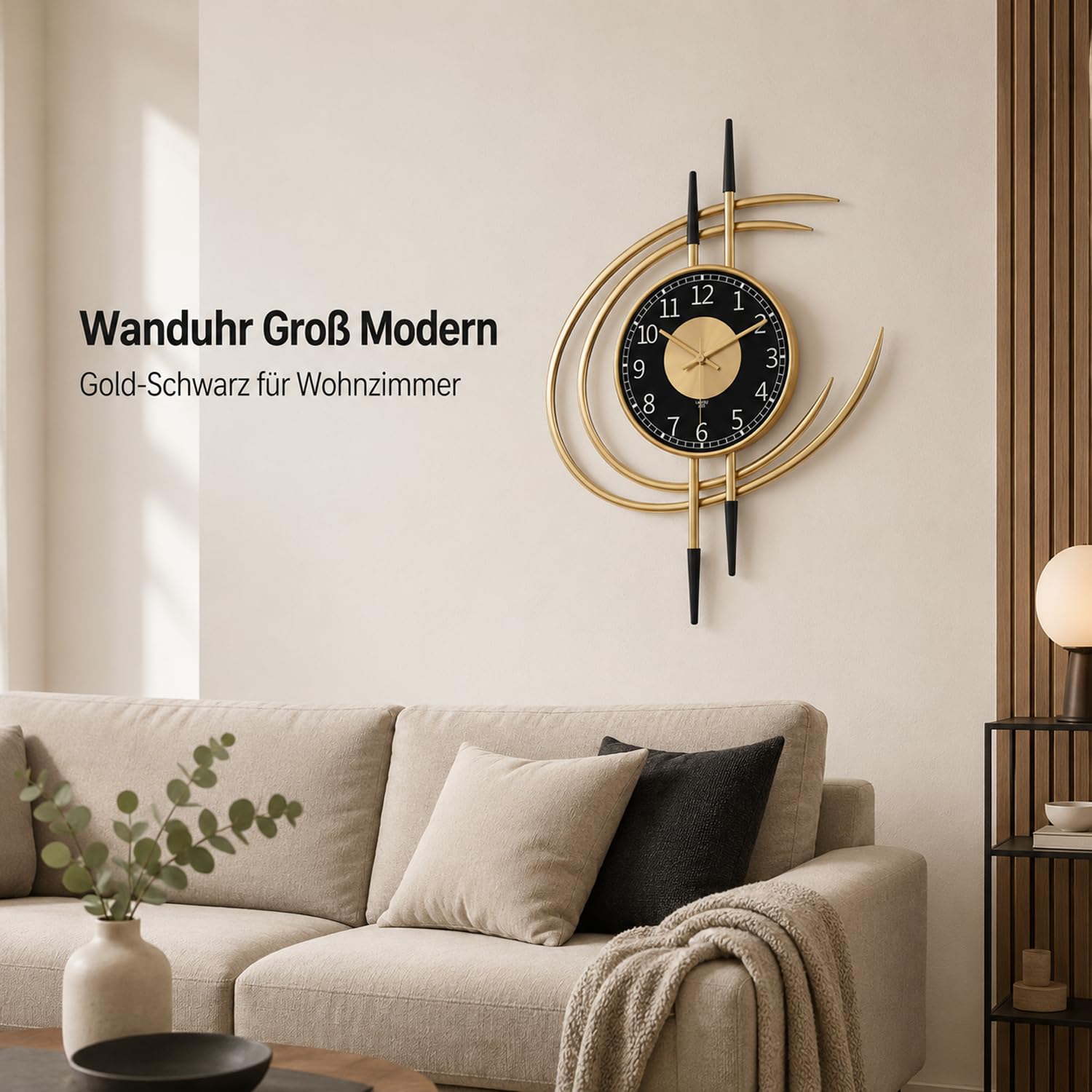 LANMOU Wanduhr Groß Modern 54cm, Gold Schwarz Metall wohnzimmeruhr Deko 2