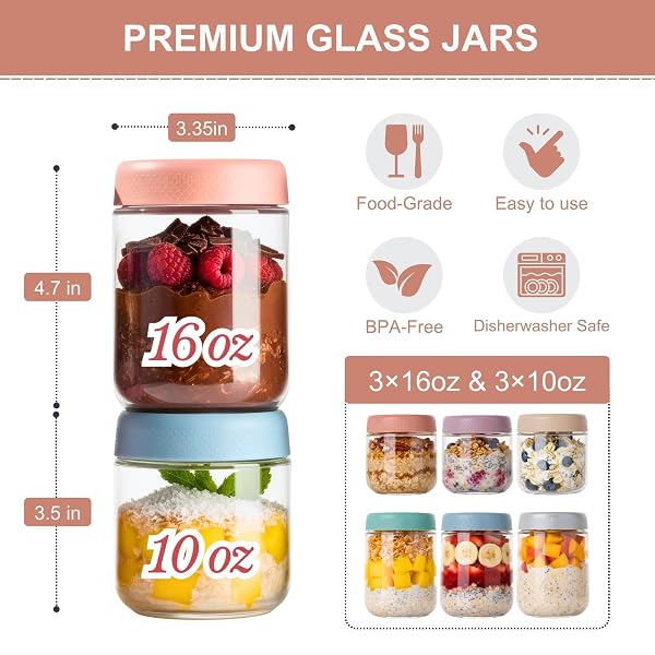 CATIFLIN 6-PACK OVERNIGHT OATS CONTAINERS WITH LIDS, 16OZ & 10OZ GLASS MASON JARS, AIRTIGHT WIDE-MOUTH FOOD STORAGE CONTAINERS FOR MEAL PREP, YOGURT, SALAD, SNACKS, CHIA, AND BABY FOOD