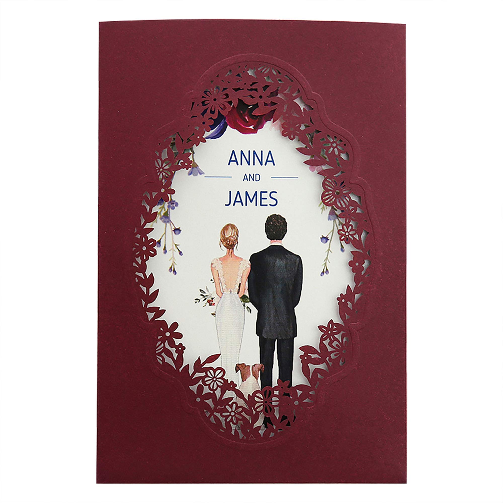 DORIS HOME 50PCS Personalized Laser Cut Wedding Invitations Cards with Envelopes for Wedding Bridal Shower Engagement Burgundy 5 x7.3 inch