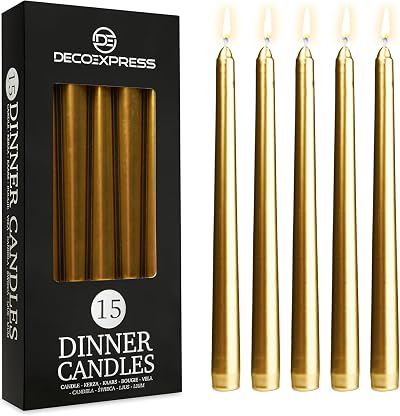 DECO EXPRESS Candles Set 15 Pack Classic Dripless Tapered Metallic Gold