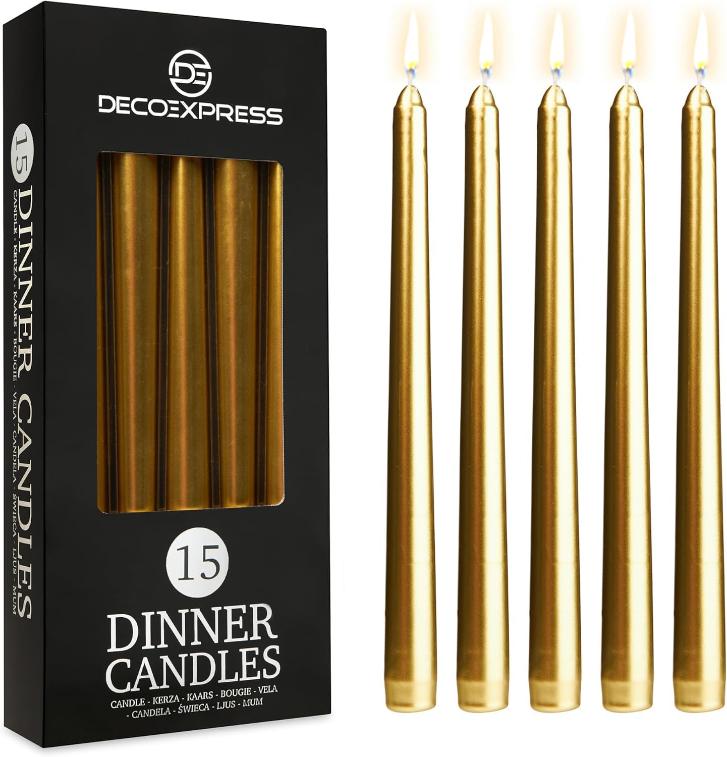 DECO EXPRESS Candles Set, Pack of 15 Classic Dripless Tapered Metallic Dinner Candles, Unscented with 8 Hours Burning Time, Home, Valentine’s Day & Mother’s Day Decor Idea (Gold, 15 Pack)