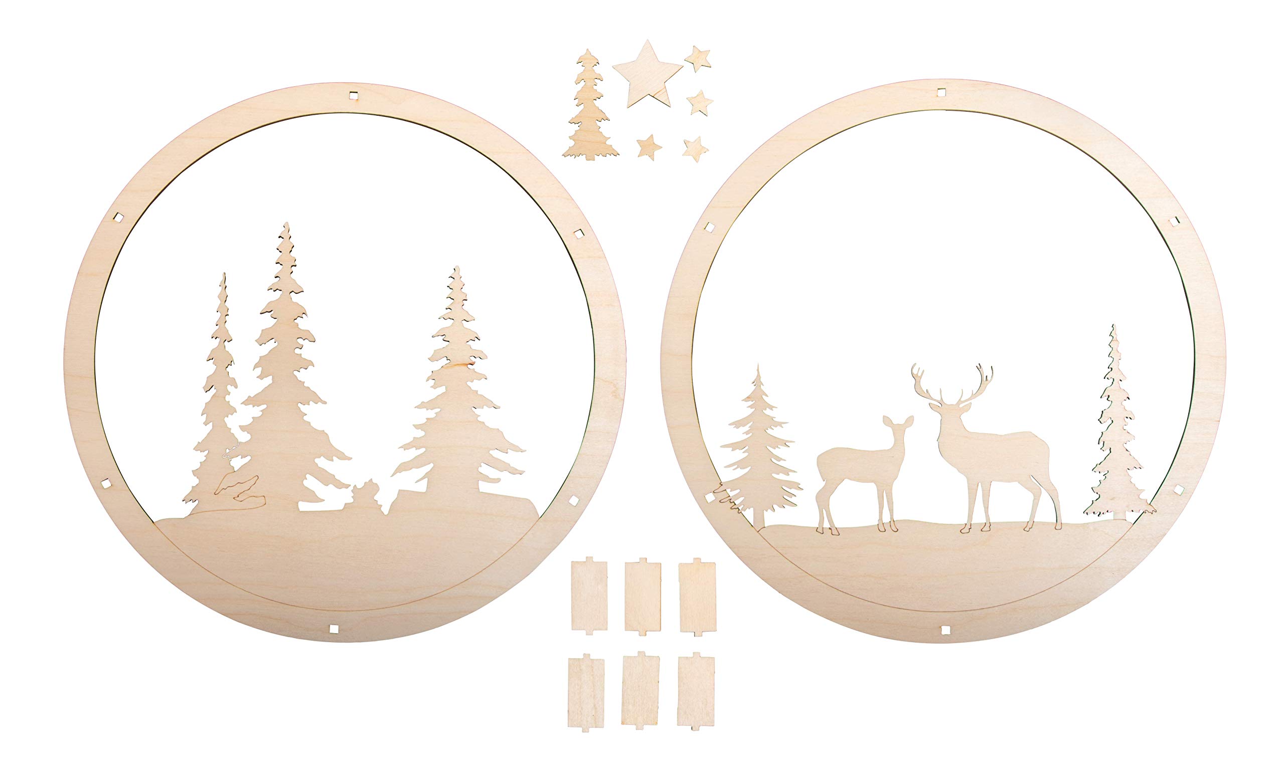 Rayher Wood Building Kit for 3D Wreath with Deer and Fir Tree Design, Seasonal DIY Wood Craft Set with 14 slot-together Pieces, Diameter 30cm, natural wood, 62982505