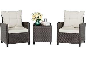 Vongrasig 3 Piece Patio Furniture Set Small Outdoor Wicker Rattan Front Porch Bistro Set Cushioned Patio Chairs Conversation Set with Glass Table for Lawn, Garden, Backyard, Balcony, Poolside (Beige)