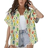 HIHI GLOBAL Tropical Tiki and Flamingo Hawaiian Shirt for Women Summer Beach Button Down Short Sleeve Clothes for Women