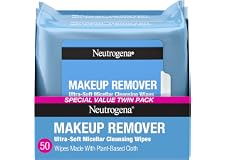 Neutrogena Makeup Remover Micellar Wipes for Face Daily Gently Removes Oil Dirt and Waterproof Makeup in a Simple Fully Plant-Based Cloth, 2 pack of 25 ct