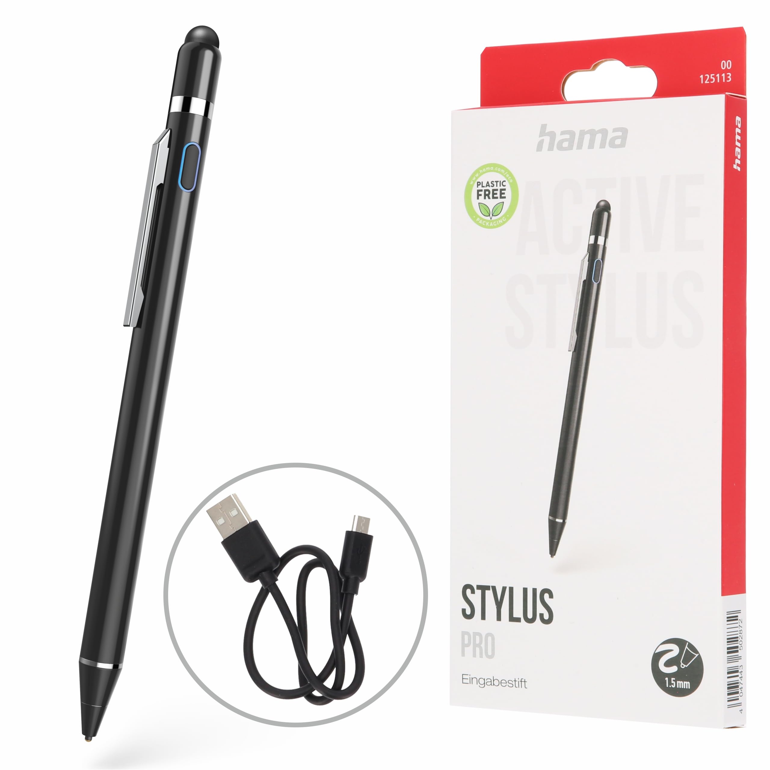 Hama Active Stylus for Tablet (ultra-fine, rechargeable stylus for Android/iOS, phone and tablet pen for capacitive touch displays, iPad-compatible, with clip) black