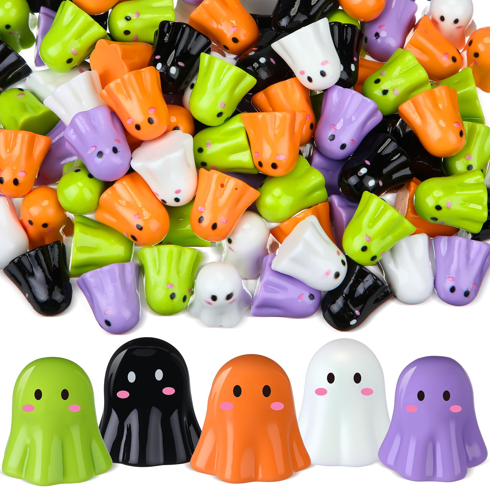 Photo 1 of Weysat 100pcs Mini Ghost Resin Figures Halloween Miniature Figurines Artificial Miniature Ghost Figurines Colored Specter Vase Filler Garden Decor for Halloween Party DIY Table Scatter Decor