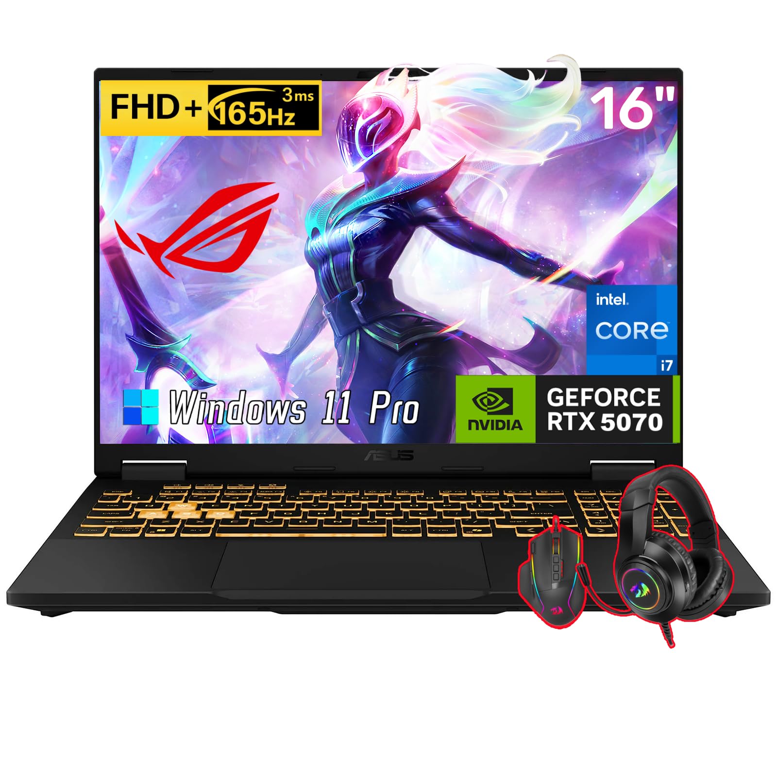 ASUS TUF F16 Gaming Laptop, Intel Core i7-14650HX(16 Core), NVIDIA GeForce RTX 5070 GDDR7, 16" FHD+ 165Hz Display, 32 GB DDR5, 1 TB SSD, RGB Backlit Keyboard, Windows 11 Pro, REDRAGON Accessories