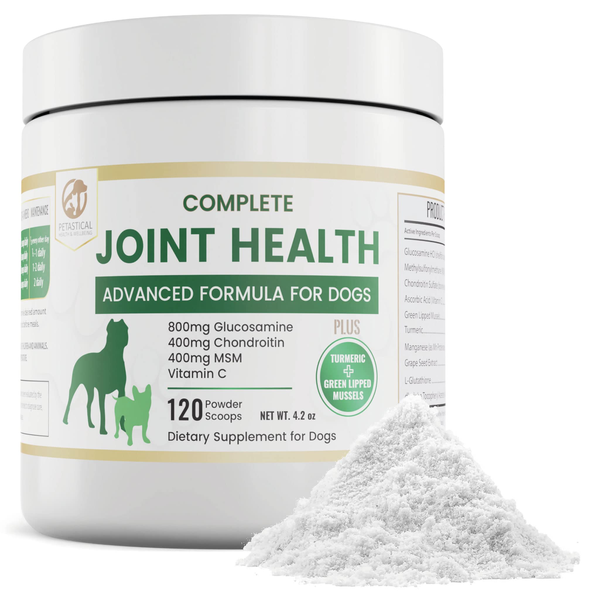 Petastical Joint Supplements for Dogs, 800mg Glucosamine, 400mg Chondroitin, 400mg MSM with Added Turmeric and Green Lipped Mussels (120 Scoop)
