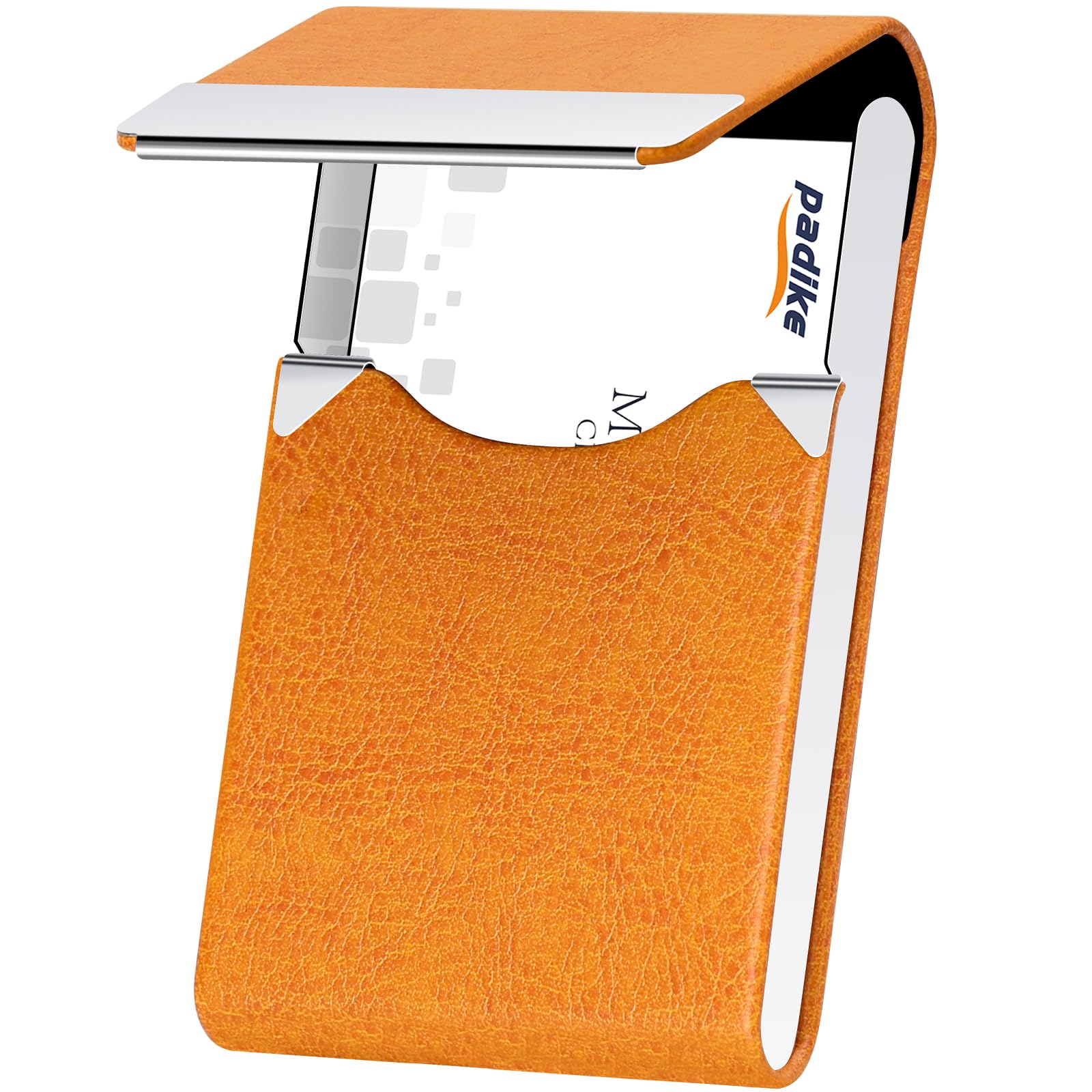 Padike Professional Business Card Holder PU Leather Business Card Case Name Card Holder Slim Metal Pocket Card Holder with Magnetic Shut (Z-Orange)