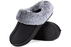 HomeTop Women's Classic Microsuede Memory Foam Slippers Durable Rubber Sole with Warm Faux Fur Collar