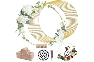 BIHAIT 15Pcs Metal Floral Hoop Centerpiece with Stand for Table,Metal Macrame Gold Wreath Ring with 15Pcs Holders Stands,Centerpiece Table Decorations for DIY Wedding Decor and Wall Hanging Crafts（10 Inch)