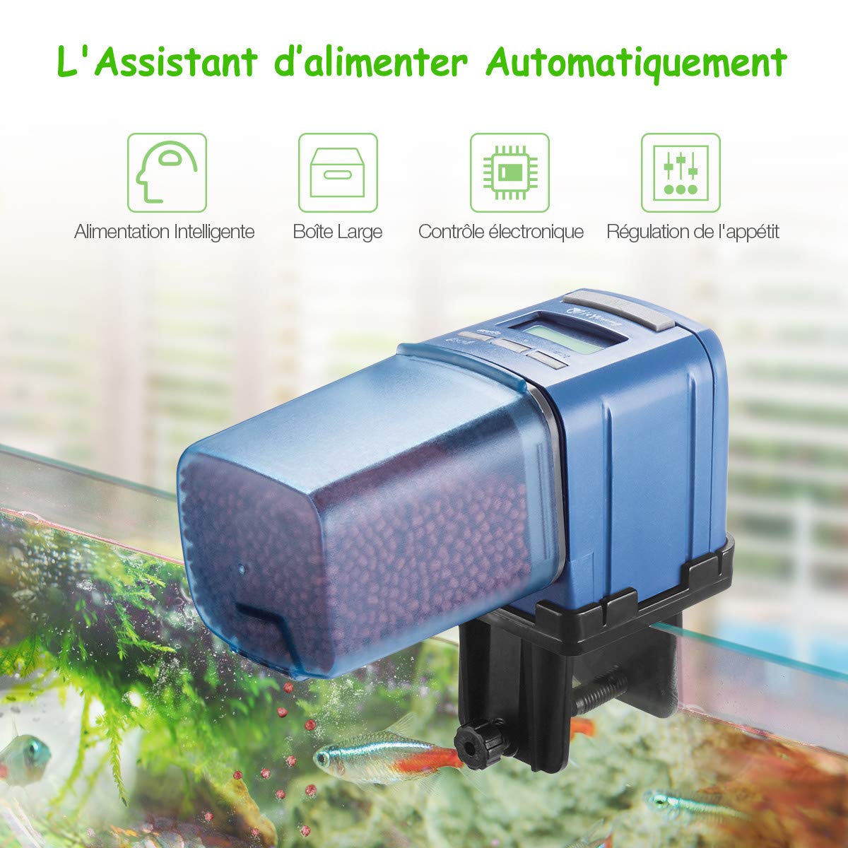 isYoung 175ML Distributeur de Nourriture pour Poissons Automatique Numérique Alimentateur de Poissons Multifonctionnel pour Aquarium,Écran LCD Pendant Vacances/Déplacement/Hors de la Maison