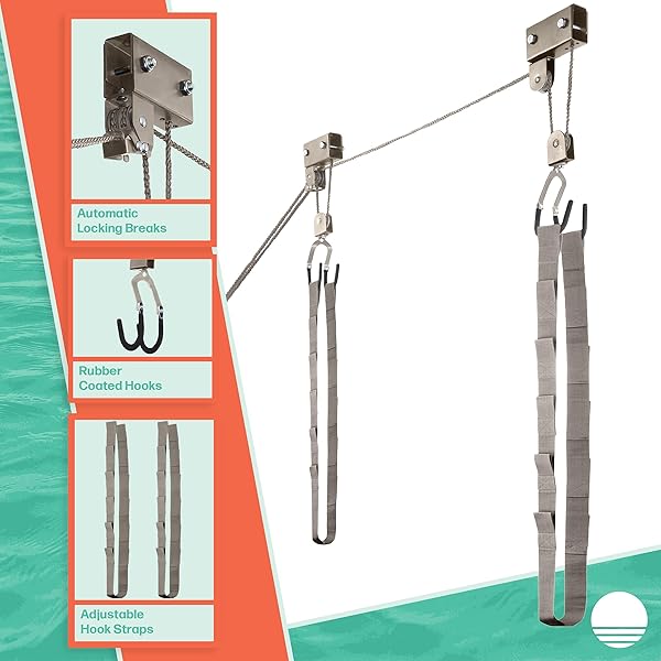 RAD SPORTZ KAYAK STORAGE HOIST – OVERHEAD PULLEY SYSTEM WITH 125LB CAPACITY FOR CANOES, BIKES, LADDERS, AND MORE FOR CEILINGS UP TO 12FT (GRAY)
