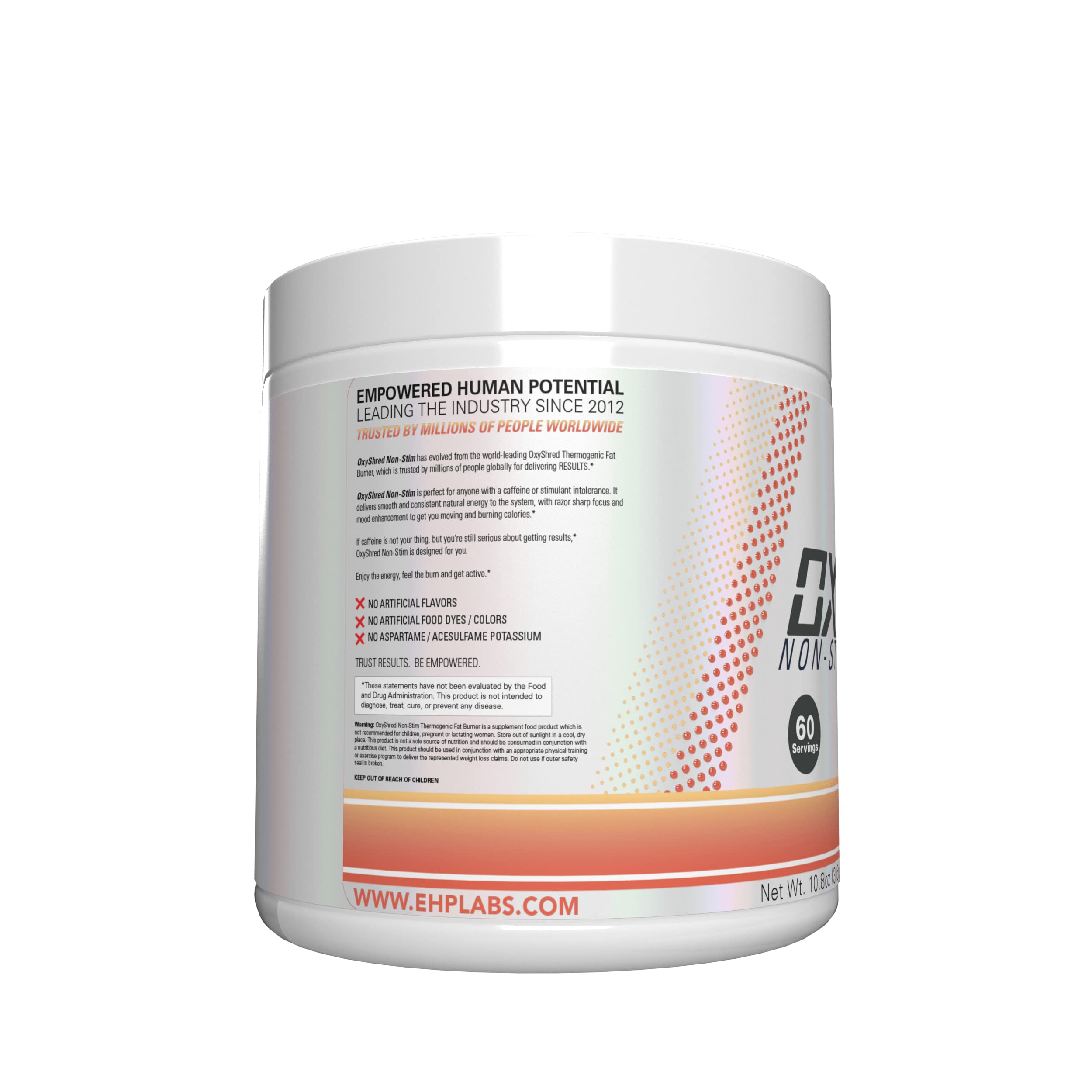 EHP Labs OxyShred Non Stimulant Pre Workout Powder - Stim Free Pre Workout, Caffeine Free Preworkout for Men & Women with L Glutamine & Acetyl L Carnitine - Peach, 60 Servings