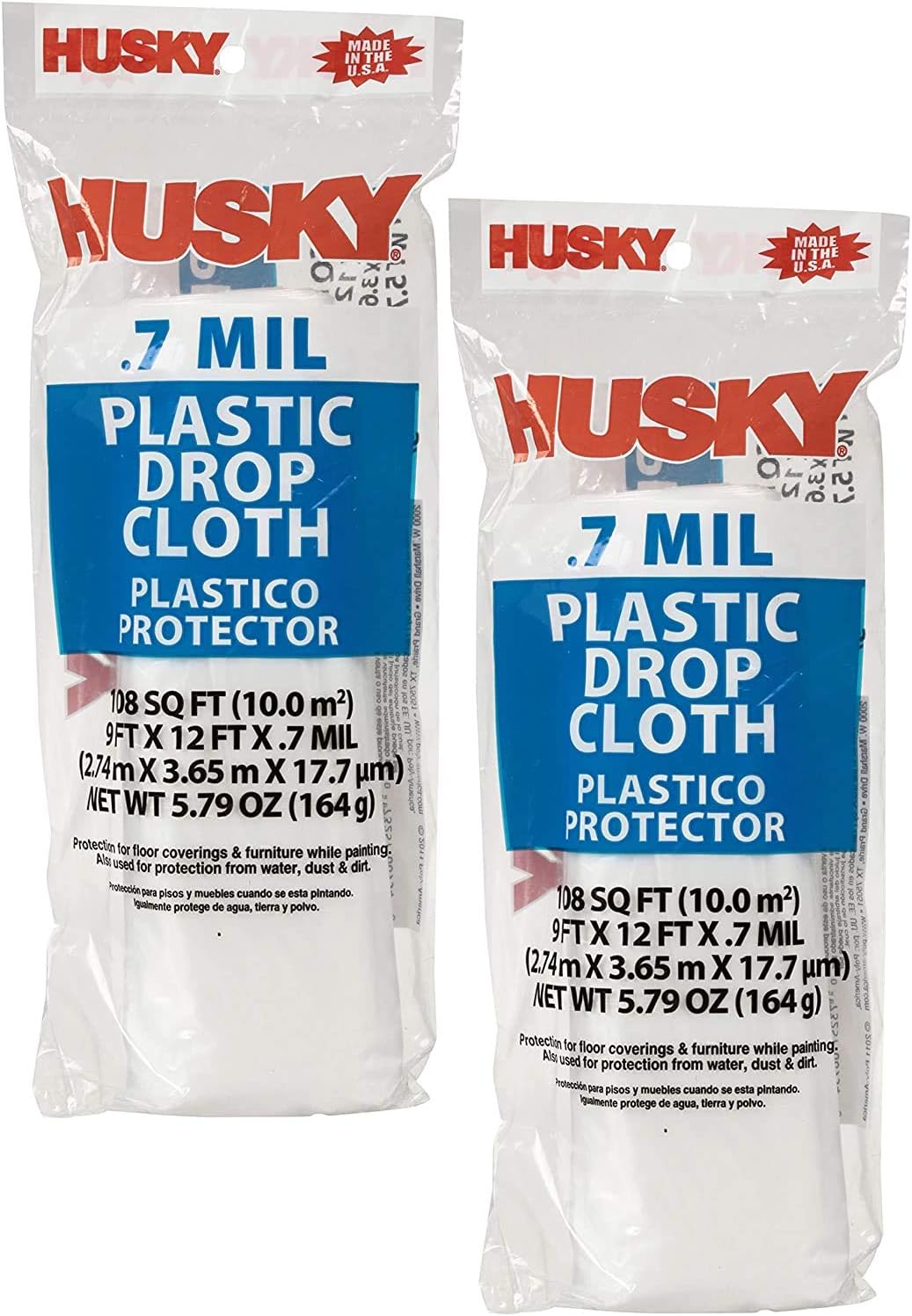 Husky Plastic Drop Cloth Sheeting 9' X 12' (.7 MIL - 9ft x 12ft, 2 Pack) - - 