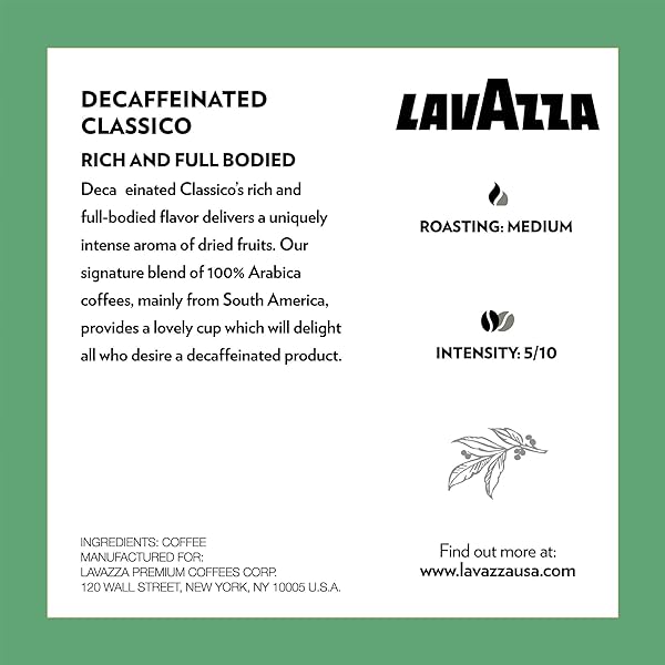 LAVAZZA CLASSICO DECAF SINGLE-SERVE COFFEE K-CUPS FOR KEURIG BREWER, MEDIUM ROAST, 10 COUNT BOX ,RICH AND FULL-BODIED FLAVOR DELIVERS A UNIQUELY INTENSE AROMA OF DRIED FRUITS, 100% ARABICA COFFEES
