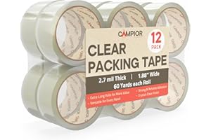 CAMPIOR Clear Packing Tape Heavy Duty 12 Rolls, 1.7mil Thickness, Strong Adhesive for Shipping, Moving & Packaging, 1.88" Wide x 60 Yards Per Roll, Smooth Unroll, Clear Finish, Fits Standard Dispensers