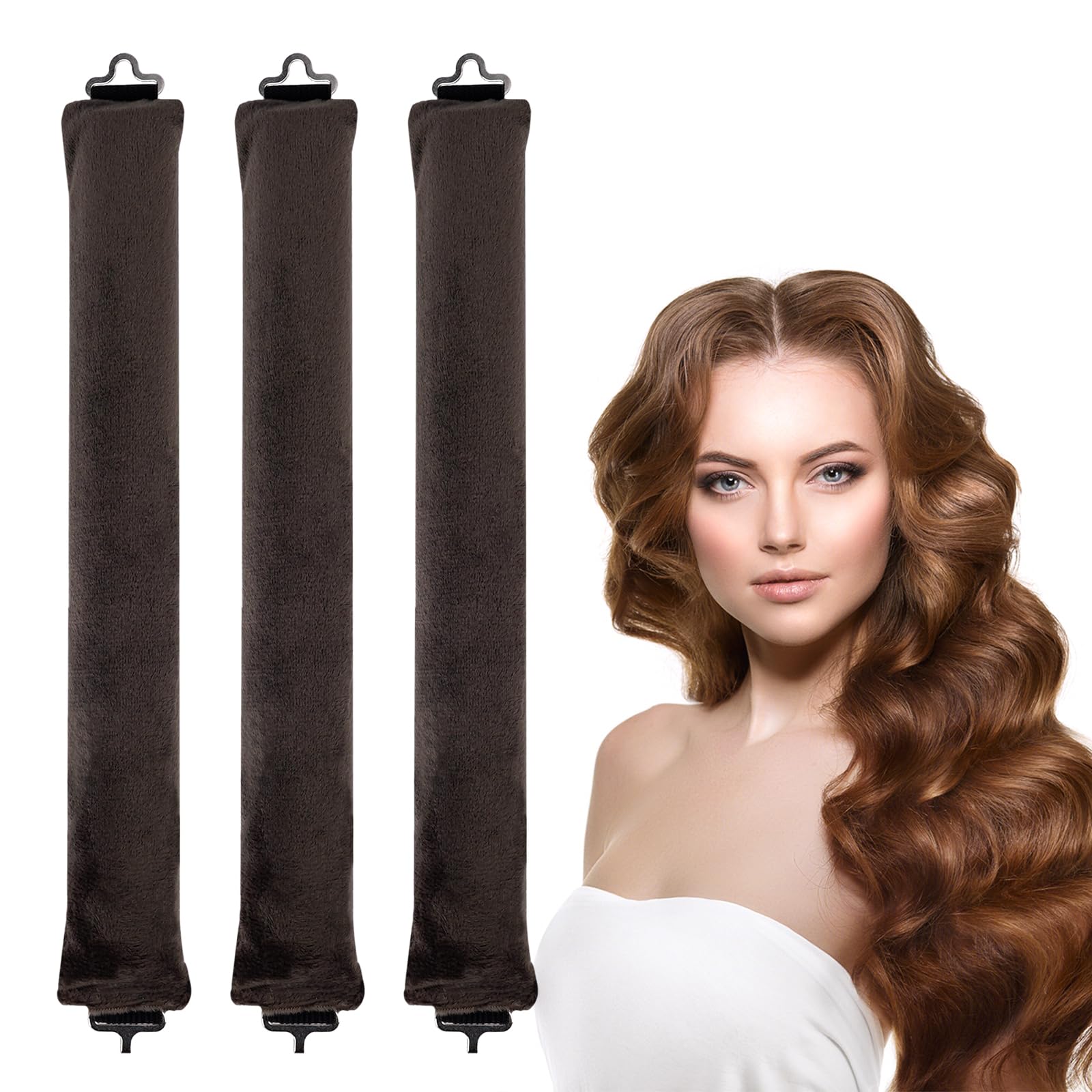 3 Pcs Heatless Curlers, Heatless Curls Hair Rollers for Long Hair, No Heat Overnight Curlers Blowout Rods Soft Satin Sleeping Lazy Curler (Brown)