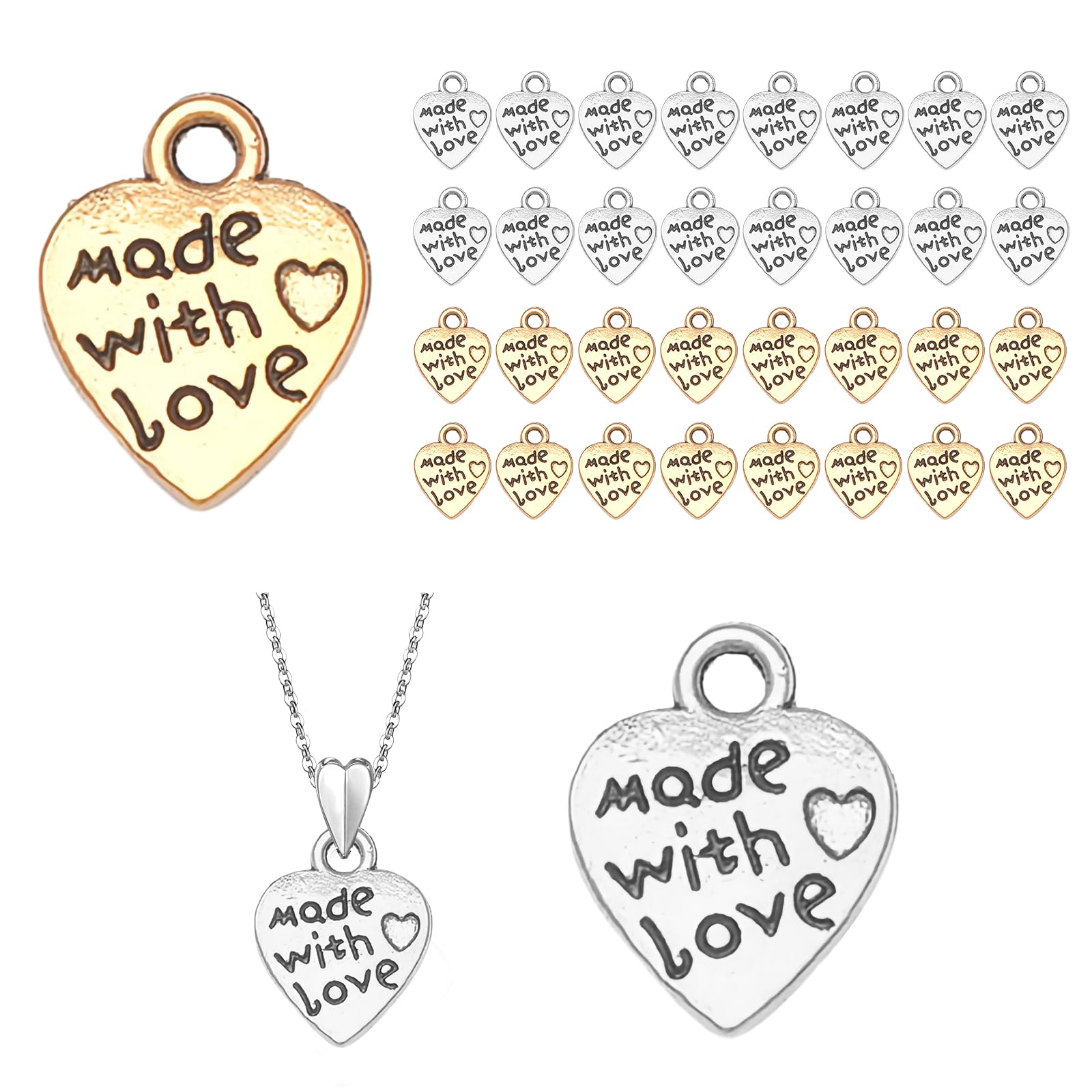 volumoon Heart Shape Charms, Made with Love Antique Pendants, Golden & Silver Vintage Charms 200 PCS for Jewelry Bracelets Earrings Necklace Keychain DIY Making