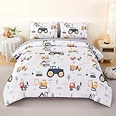 ANGIYUIN 5 Pieces White Twin Size Comforter Sets for Boys Yellow Construction Kids Bedding Set Cartoon Excavator Bed in A Bag with Sheet Sets Trucks Tractors Bed Sets