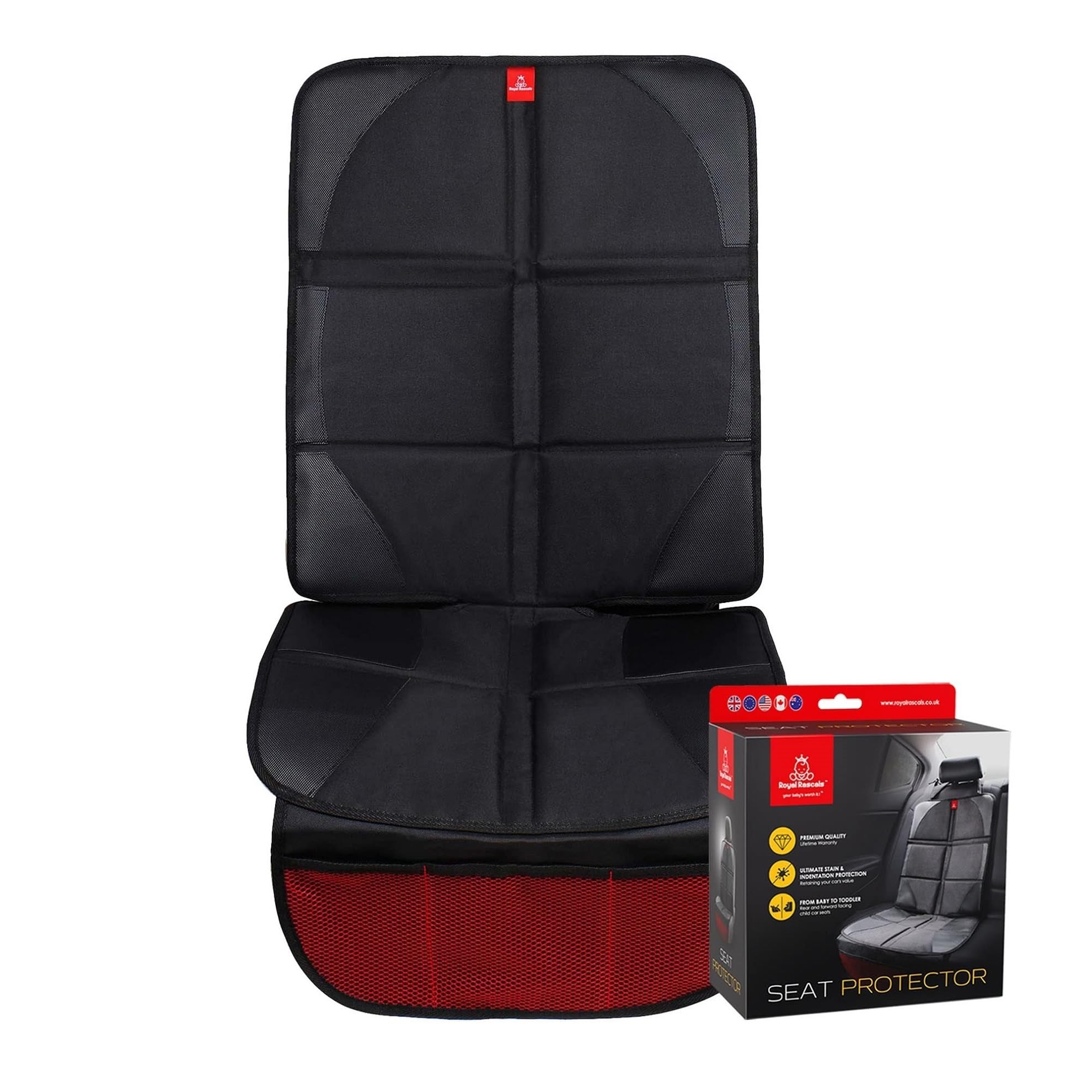 Royal Rascals Car Seat Protector for Child Seats - Universal Fit Padded Baby Car Seat Cover with Organiser Pockets and Liners, Seat Protectors for Child Seats, Back seat Protector, Single