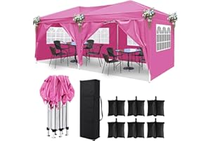 DOINUO 10x20 Pink Pop Up Canopy Outdoor Tent Party Tent with 6 Sidewalls, Wedding Party Tent Outdoor Canopy Waterproof UV50 Canopy Tent Event Shelter for Parties, 6 pcs Weight Bag,Carry Bag