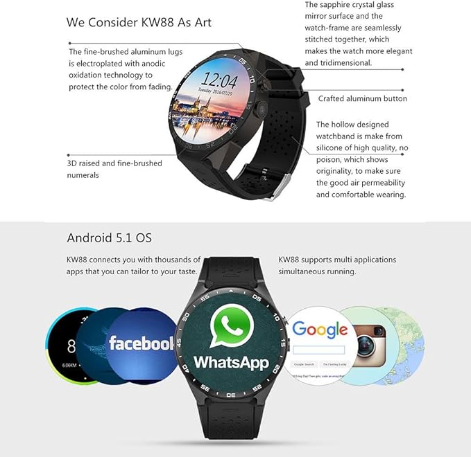 KOBWA KW88 3G WIFI Smartwatch Teléfono Todo en uno Bluetooth Smart ...