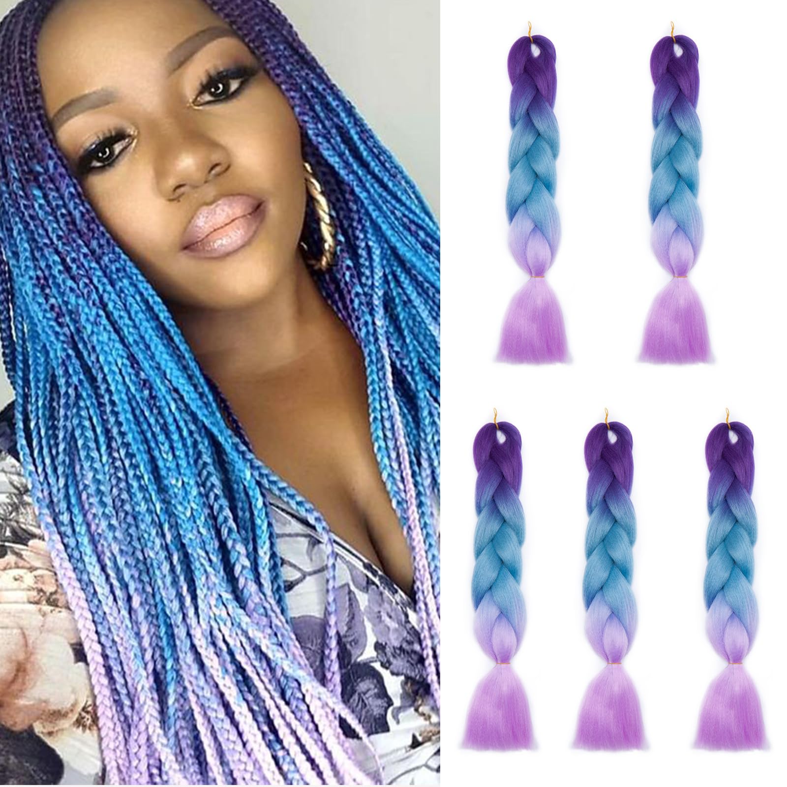 Braiding Hair Extensions 24inch 5PCS Jambo Braids Ombre Hair Crochet Braids Synthetic Hairpiece(Purple-Blue-Light Purple)