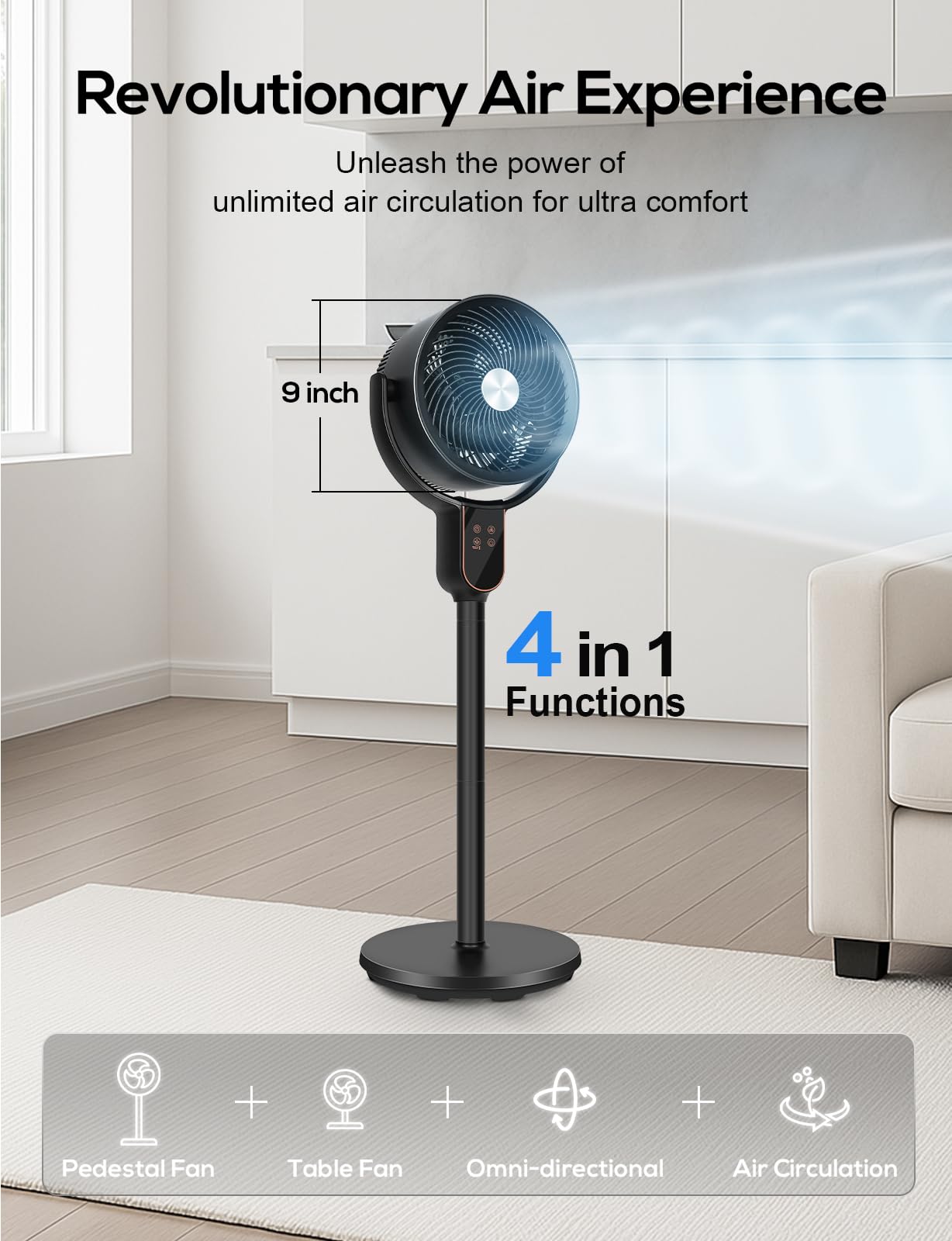 hykolity Fan for Bedroom, 90°+70° Omnidirectional Oscillating Standing Fan, 3 in 1 Pedestal & Tabletop fan, Quiet Floor Fan with Remote, Adjustable Heights, 8 Speeds Air Circulator, 12H Timer