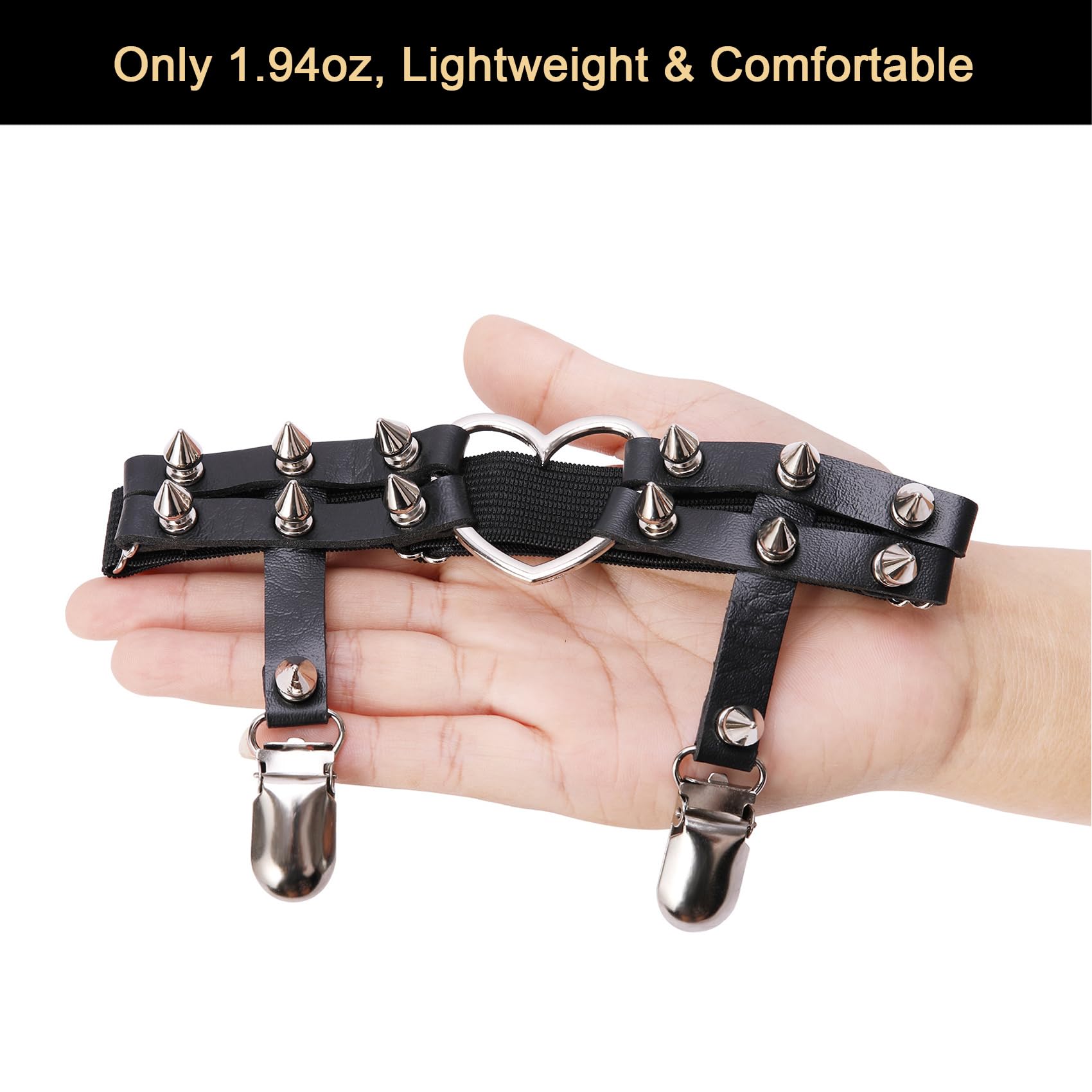 alisikee alisikee 2PCs Adjustable Heart Leg Garter with Anti-Slip Clips, Elastic Studded Thigh Garter for Halloween Parties Cosplay