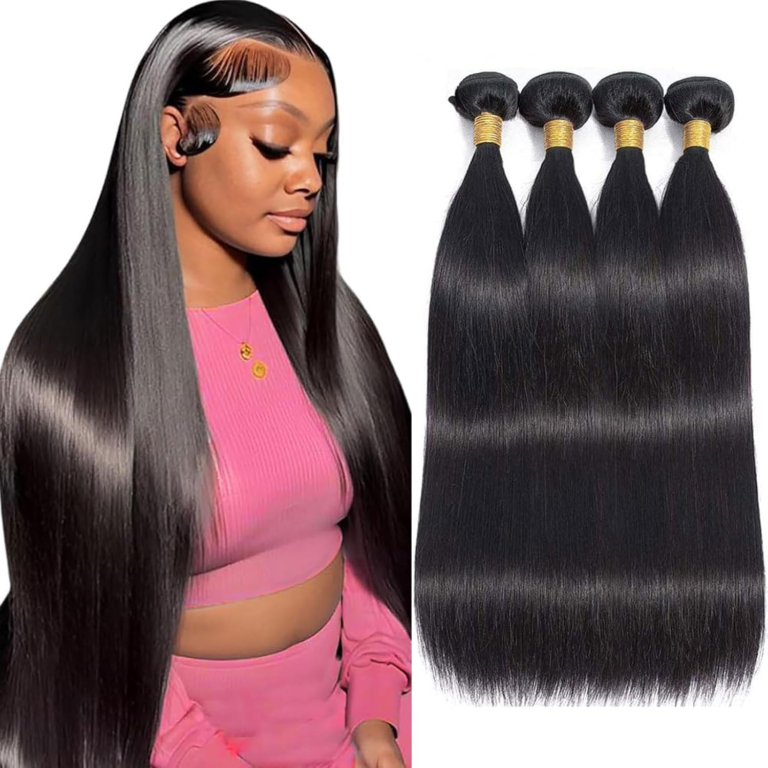 straight bundles human hair 18 20 22 24 inch 100% unprocessed brazilian virgin hair 4 bundles hair extension for black women natural color black 18 20 22 24