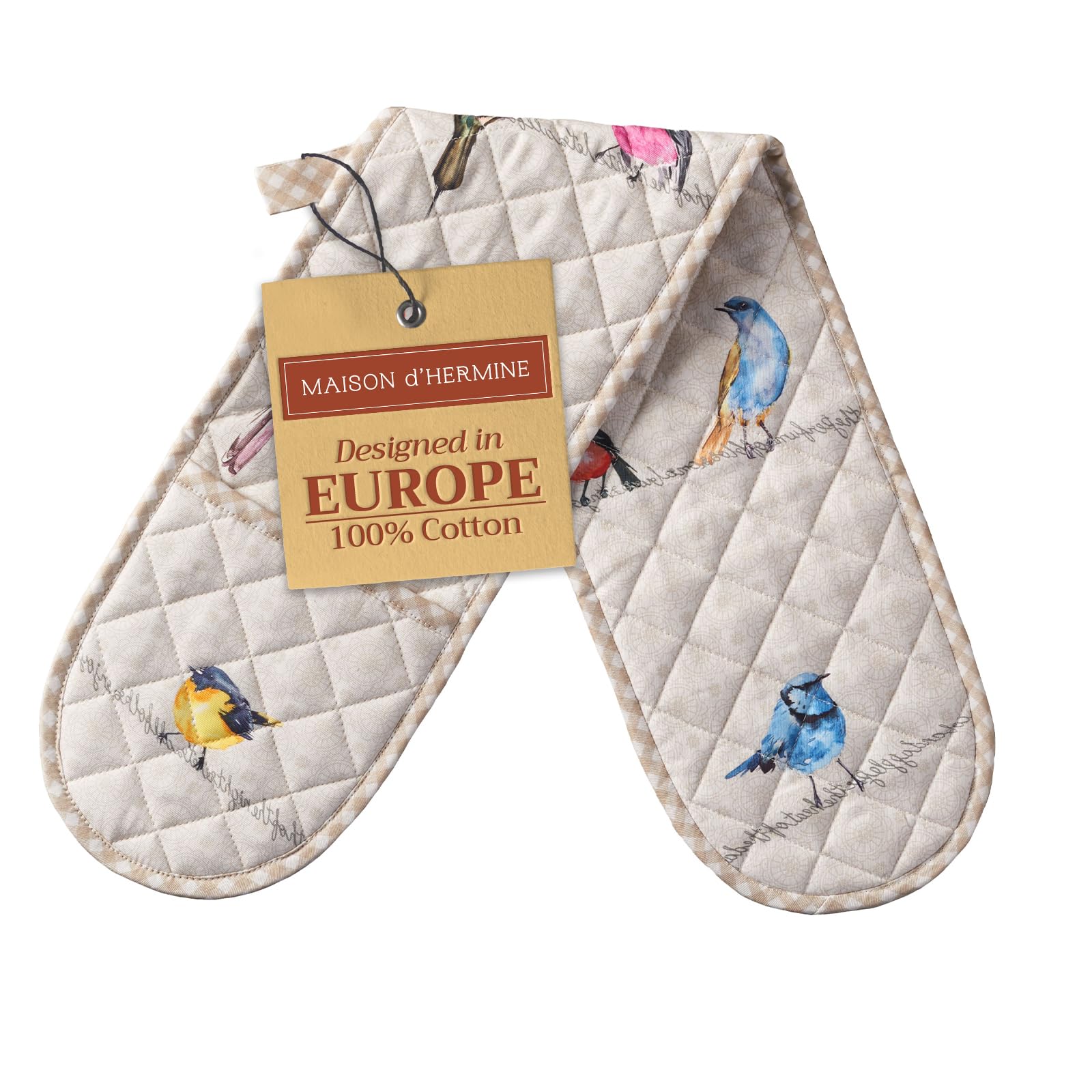 Maison d' Hermine Double Oven Mitts 100% Cotton 18 cm x 89 cm Double Oven Mitt Heat Resistant BBQ Cooking Gloves with Loop Baking Grilling Handling Hot Pans Gifts for Mothers Day (Birdies On Wire)