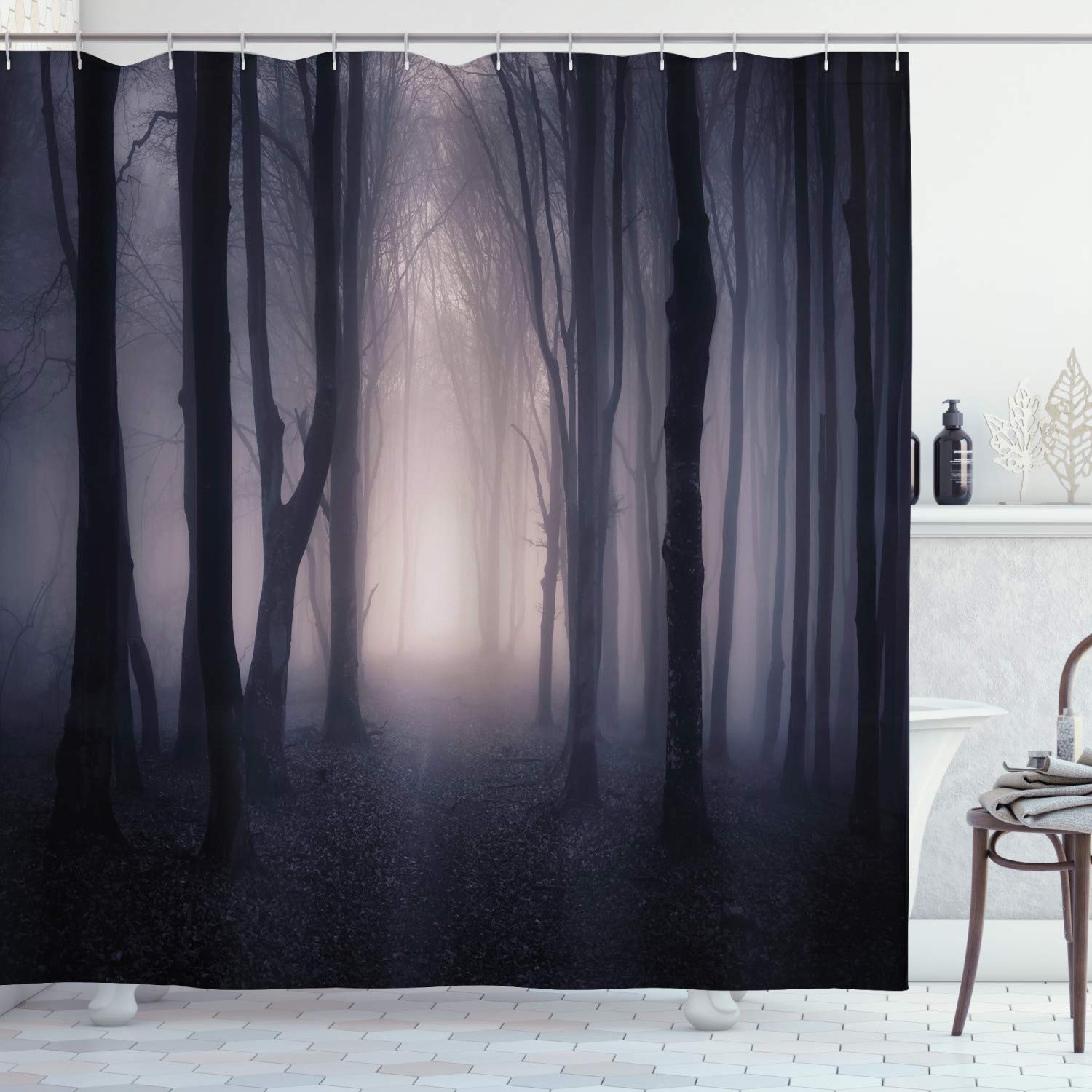 ABAKUHAUS Forest Shower Curtain, Path in Dark Deep Woodland Fog Halloween Creepy Twisted Branches Picture, Cloth Fabric Bathroom Decor Set with Hooks, 94 Inches, Dark Grey Purple