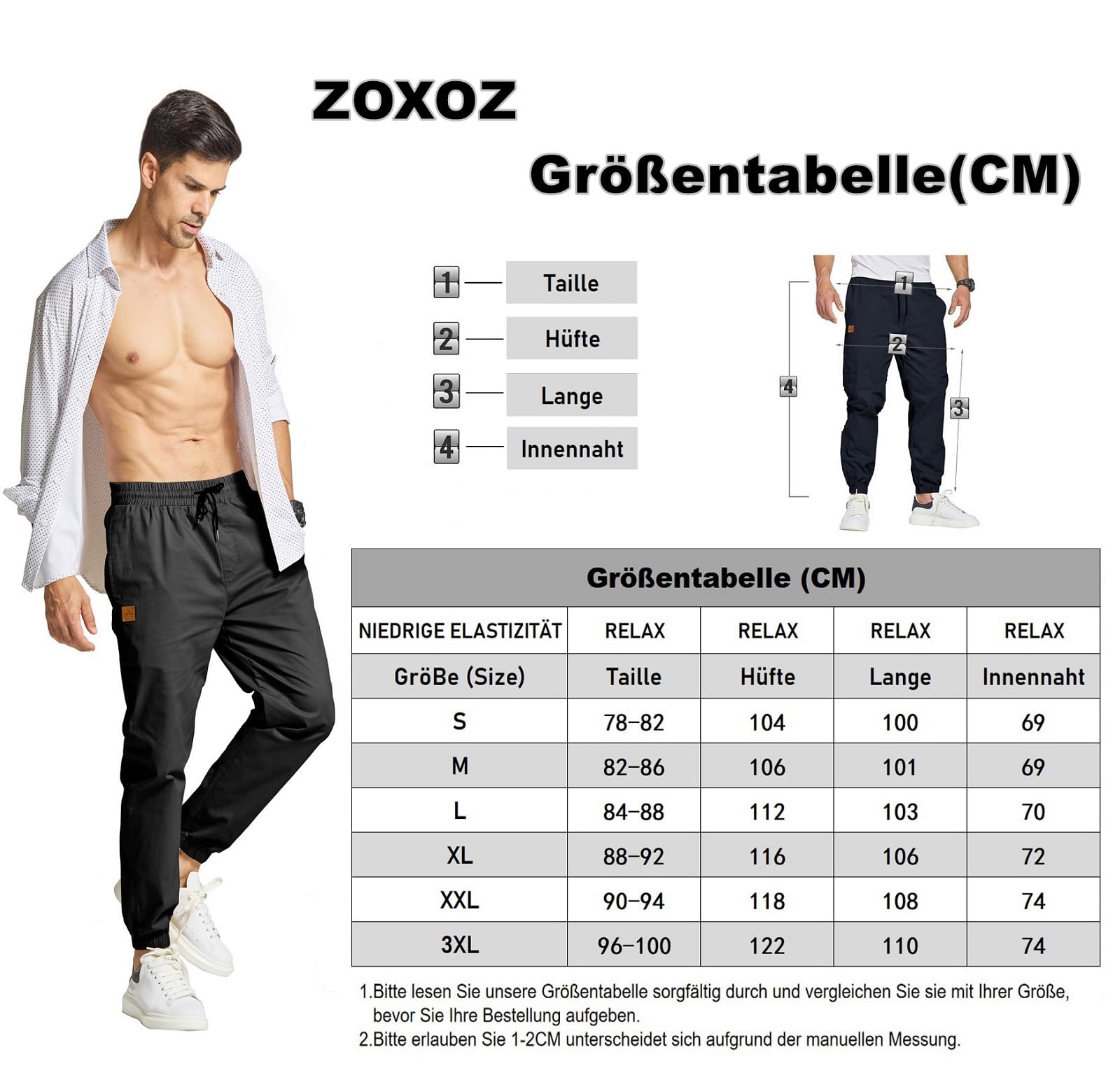 ZOXOZ Herren Hose Chino Cargohose Herren Jogginghose Herren Sweatpants Baumwolle Casual Freizeithose Elastische Taille mit Kordelzug Sporthose Herren mit Taschen Schwarz L 5