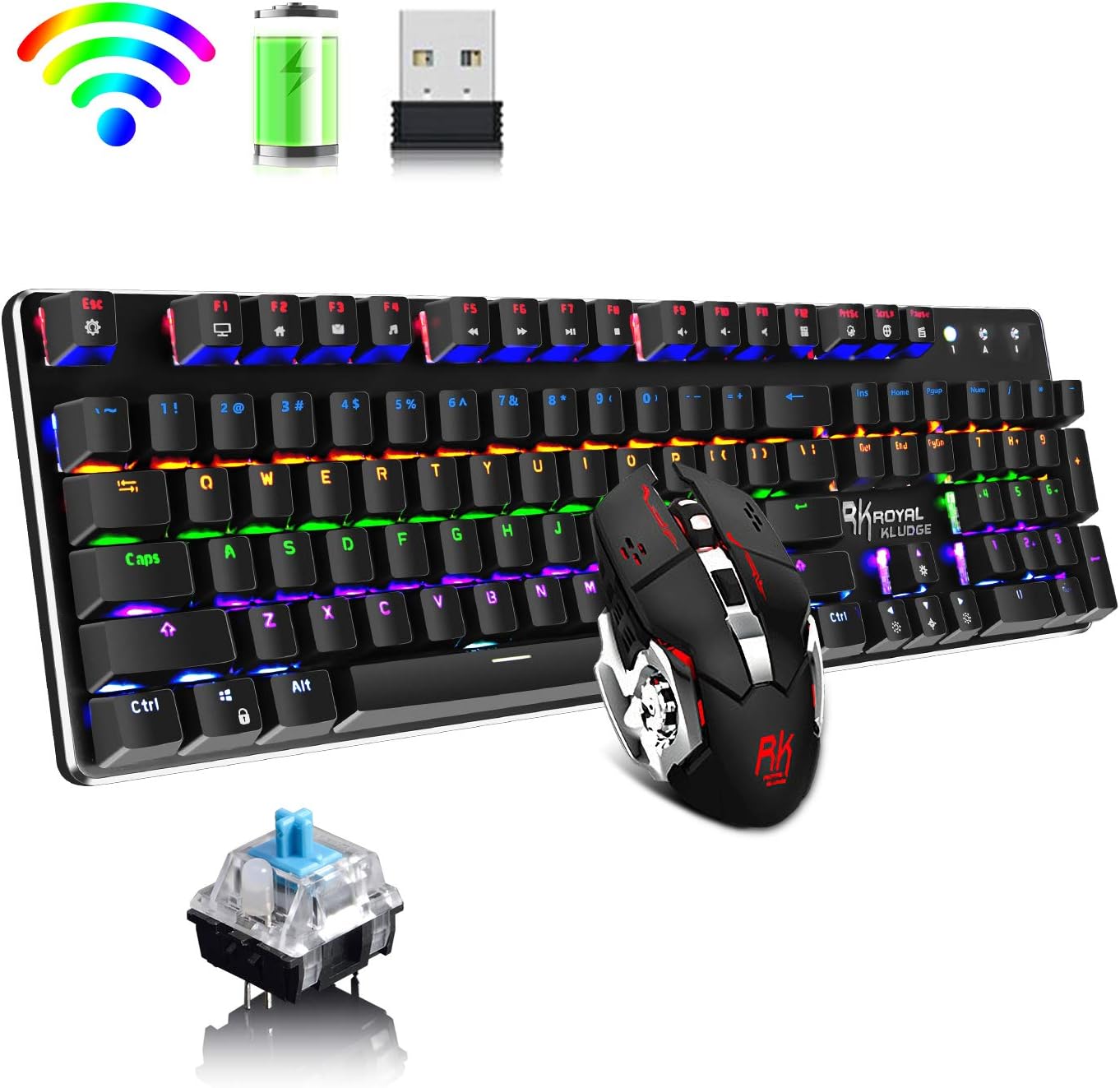 Wireless Mechanical Keyboard and Mouse Combo,Rechargable Keyboard with LED Backlit,104 Key Anti-ghosting Gaming Keyboard and 4 Leval Adjustable Gaming Mouse for PC Games(Blue Switch, Black)