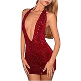 SweatyRocks Women's Sexy Backless Sequin Halter Mini Dress Deep V Neck Sparkly Bodycon Party Clubwear Dresses
