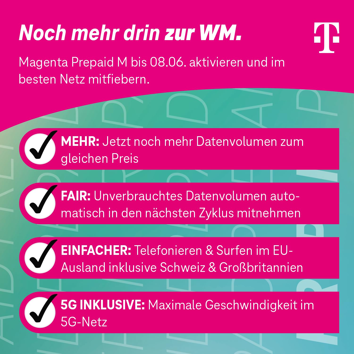 Telekom MagentaMobil Prepaid M mit 33 GB Highspeed-Volumen | 5G/LTE Max & Allnet Flat in alle dt. Netze | unverbrauchtes Datenvolumen weiter nutzen | EU Roaming & Hotspot Flat | 10 EUR Startguthaben 3