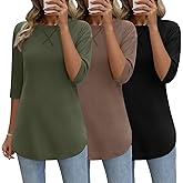 Riyiper 3 Pack Elbow Length Tee Shirts for Women Cotton 3/4 Sleeve Tunic Tops Round Neck Summer Curved Hem Leggings Blouse(Black, Coffee, Army Green,Large)