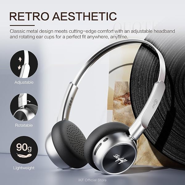 IKF R1 WIRELESS BLUETOOTH HEADPHONES, RETRO CLASSIC LIGHTWEIGHT HEADSET, BUILTI-IN MIC, 60H PLAYBACK, DUAL DEVICE CONNECTIVITY, LOW LATENCY, APP CUSTOMIZATION,THROWBACK 80S 90S,OOTD, BLACK