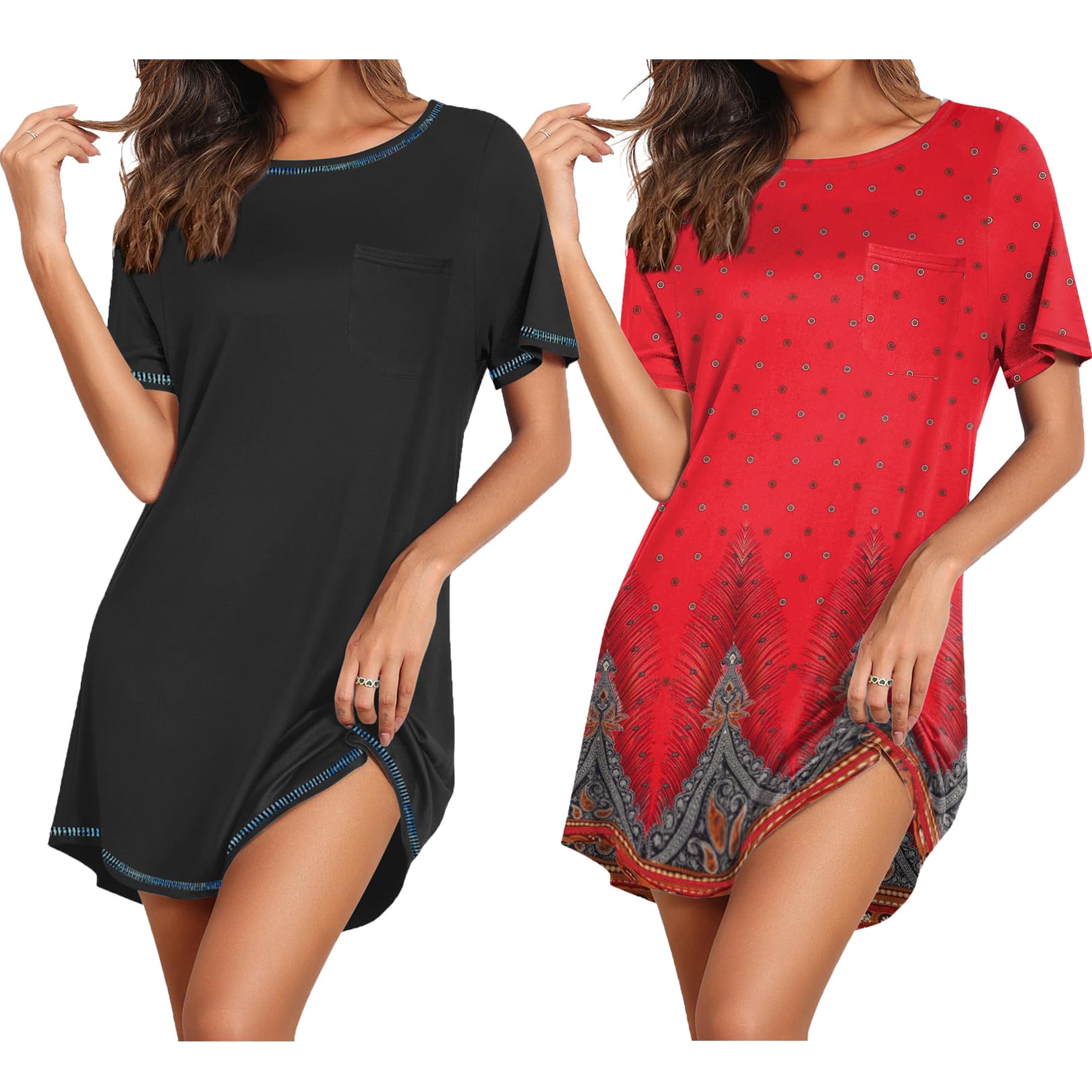 2 Pack Button Down Sleepshirts Soft Pajama Dress Black/Navy Blue / 3XL