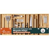 Bamboo Expandable Silverware Drawer Organizer, 11 Slots Utensil Holder | Magnetic Splice Design, Expandable 21-37.4 Inch, 11 Slots, Natural Bamboo, Large Capacity Kitchen Utensil Storage