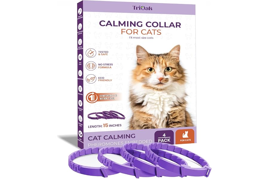 TriOak Pheromone Calming Collar for Cats: Breakaway Cat Calming Collar for Anxiety, Separation Stress, Multicat Aggression, Spraying, Meowing - for Indoor Use, Moving & Travel, 4 Pack (Purple)