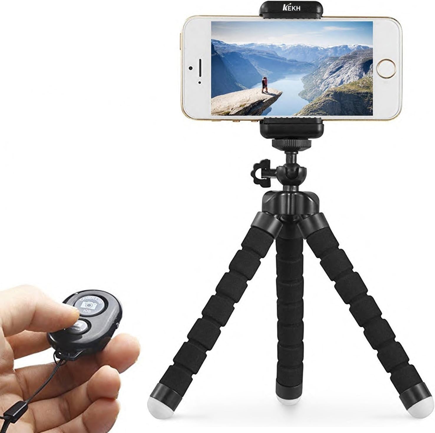 KEKH Phone Tripod,Portable and Adjustable Tripod Stand Holder with Bluetooth Remote for iPhone, Android Phone,Camera with Universal Clip and Remote (Black)