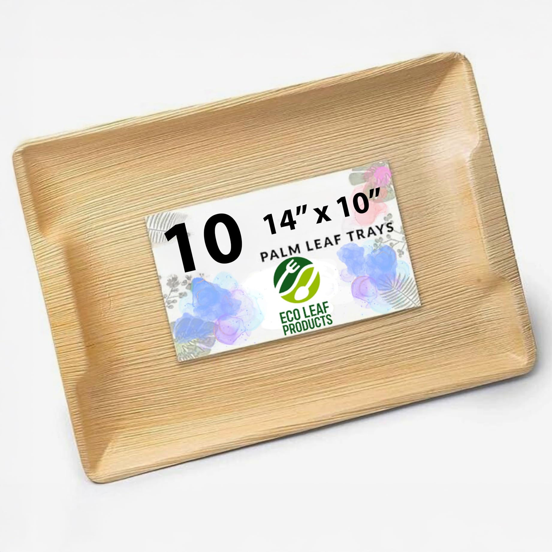 ECO Leaf 10 Disposable Wooden Serving Trays, Large 14x10 inch (35x25cm), Like Bamboo Plates, Eco-Friendly, Biodegradable Heavy-Duty Platter for Starter, Wedding, Party & Picnic, Microwave & Oven Safe