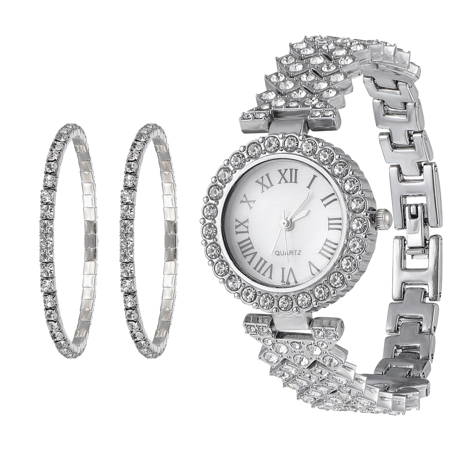 Hemobllo Silver Women Watch and Bracelet Set- Elegant Women's Watches Crystal Rhinestone Ladies Watch Stainless Steel Wrist Diamante Watches Shiny Quartz Luxury Bracelet for Ladies